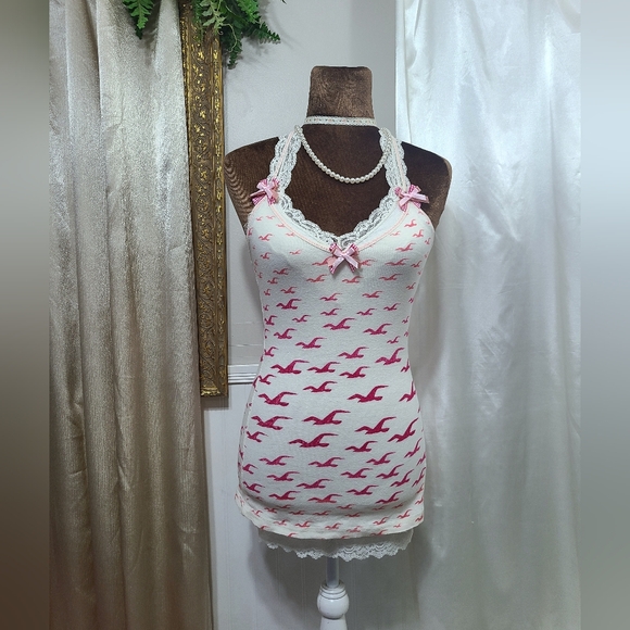 ♡ Y2K ♡ Hollister White & Pink Ombre Bird Logo Satin Bow Razorback Cami - Picture 1 of 9